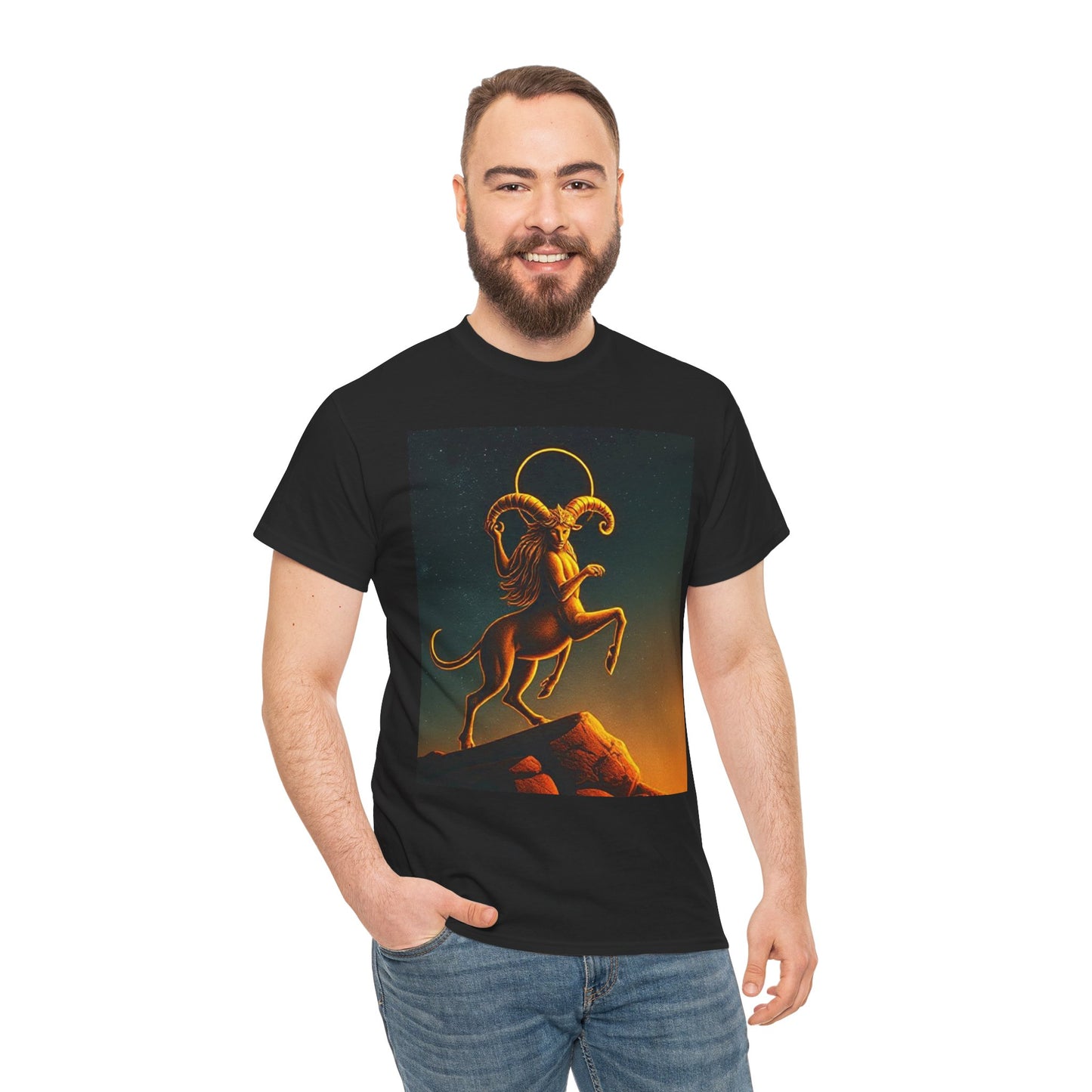 Unisex Heavy Cotton T-Shirt, Mountain Top, Aries Zodiac Design