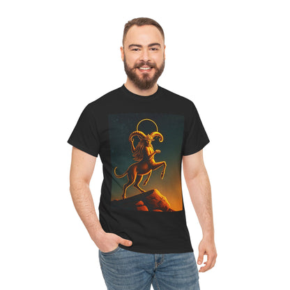 Unisex Heavy Cotton T-Shirt, Mountain Top, Aries Zodiac Design