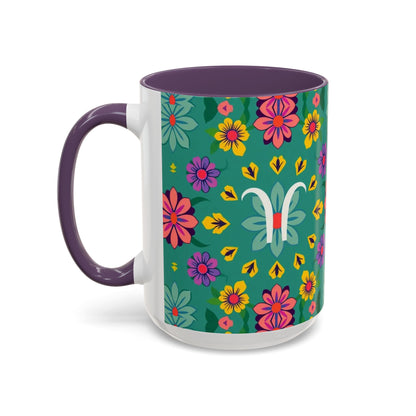 Accent Coffee Mug, Aquarius, Zodiac v3, Flower Pattern, (11, 15oz)