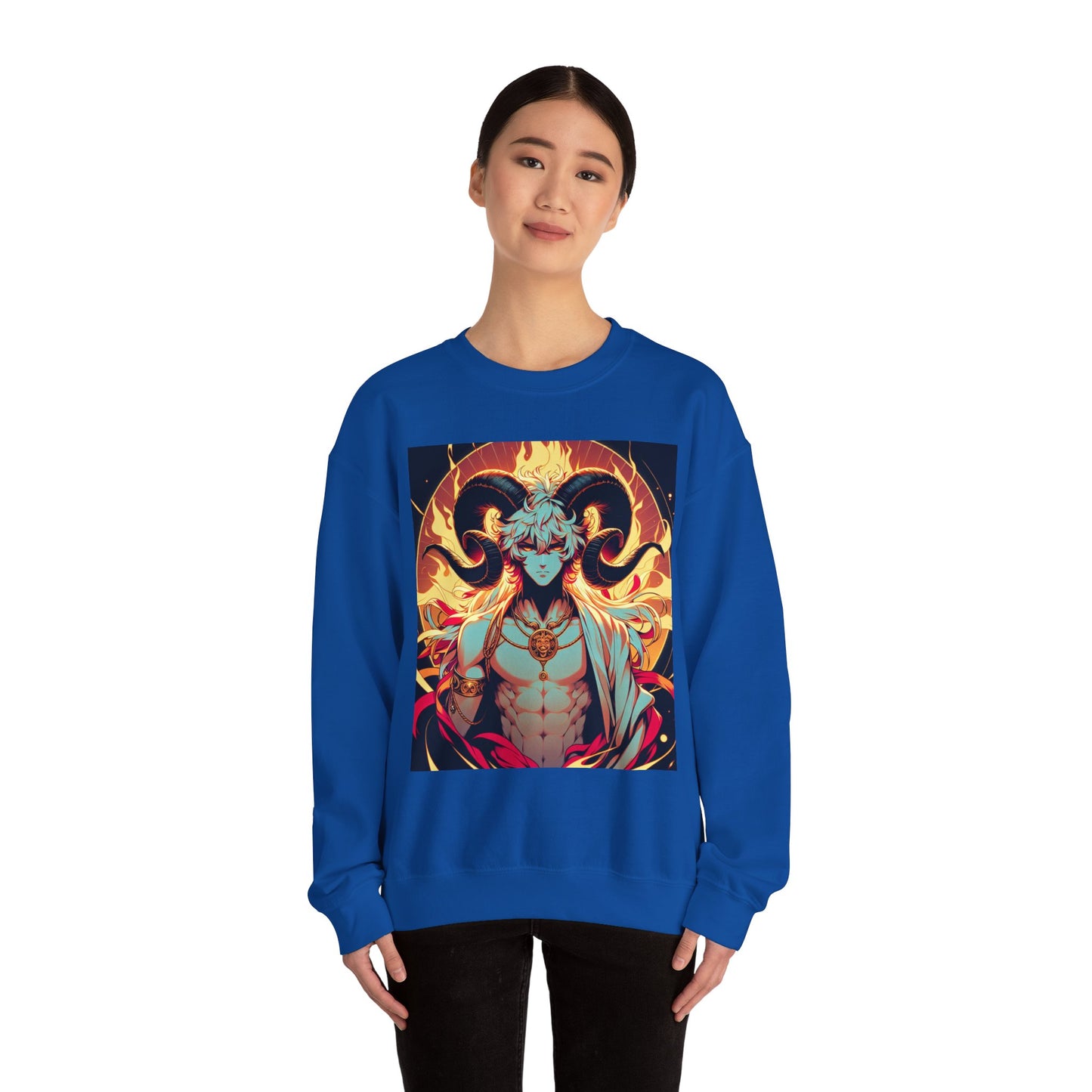 Unisex Heavy Blend™ Crewneck Sweatshirt, Anime Fire Aries, Zodiac Design