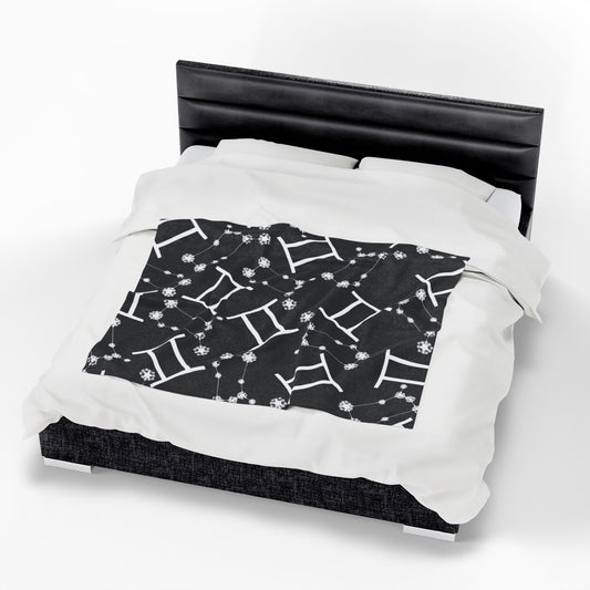 Velveteen Plush Blanket, Gemini Zodiac Sign, Constellation & Symbol, Black, 100% polyester