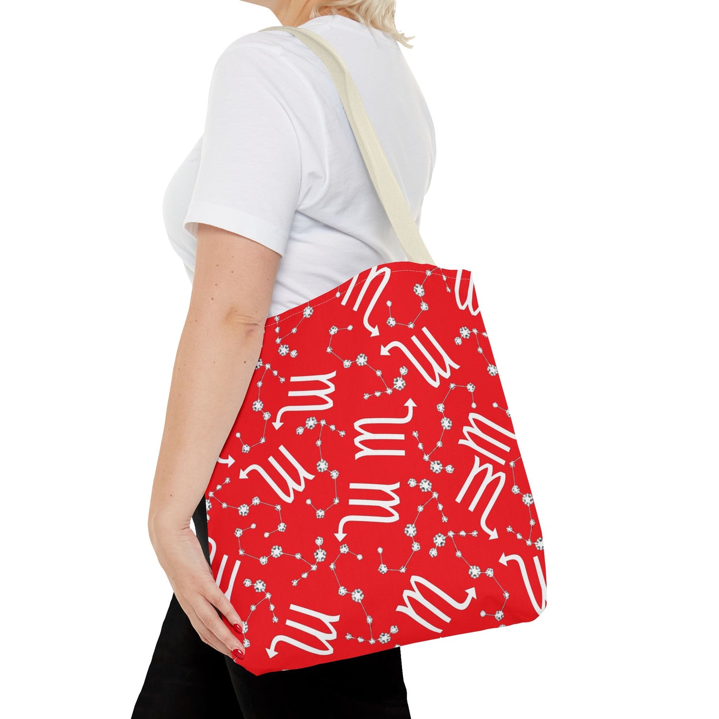 Tote Bag, Scorpio Zodiac Sign, AOP, (Red, White)