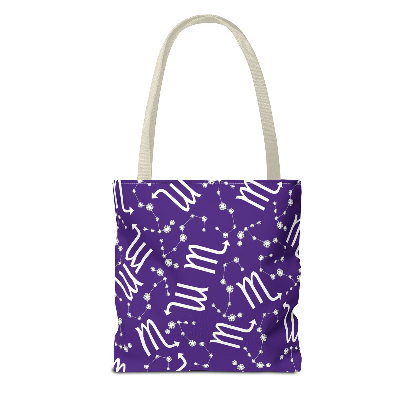 Tote Bag, Scorpio Zodiac Sign, AOP, (Purple, White)