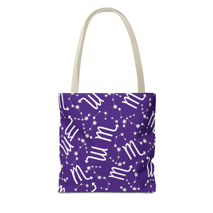 Tote Bag, Scorpio Zodiac Sign, AOP, (Purple, White)