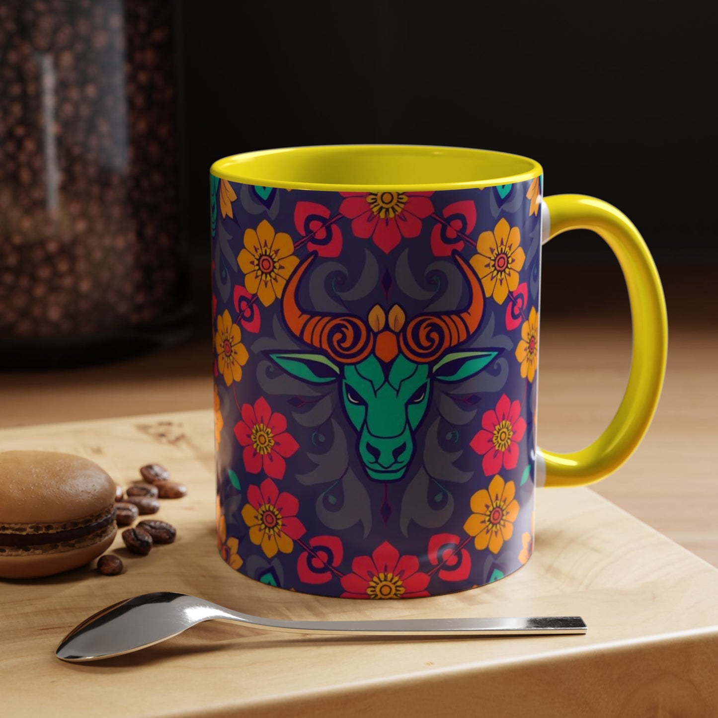 Accent Coffee Mug, Taurus, Zodiac. Flower Pattern, (11, 15oz)