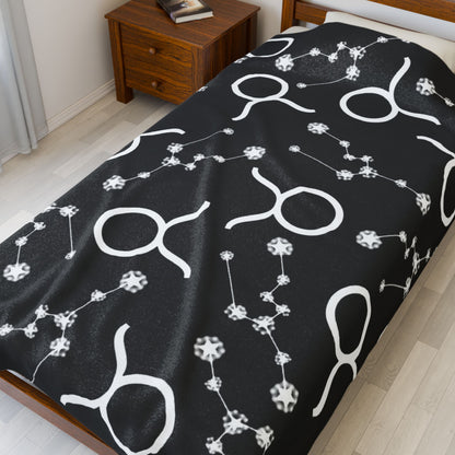 Velveteen Plush Blanket, Taurus Zodiac Sign, Constellation & Symbol, Black, 100% polyester