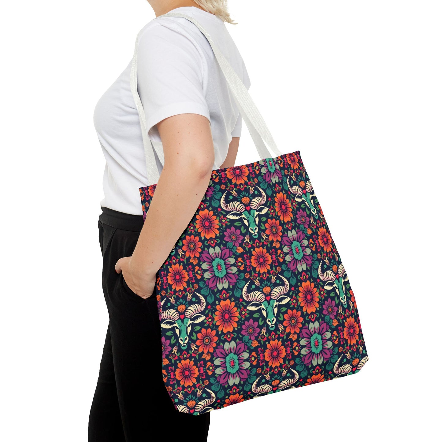 Tote Bag, (AOP), Taurus, Zodiac, Flower Pattern