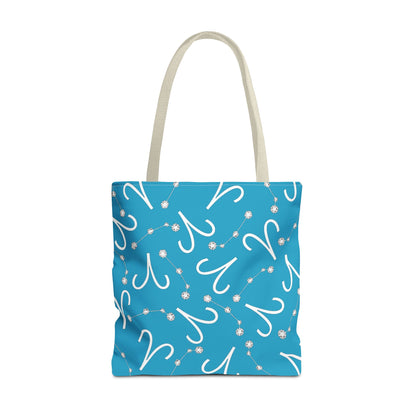 Tote Bag, Aries Zodiac Sign, AOP, (Turquoise, White)