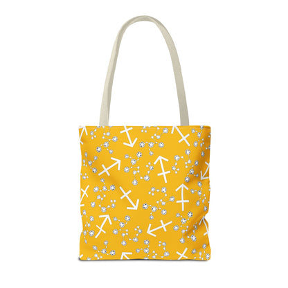 Tote Bag, Sagittarius Zodiac Sign, AOP, (Yellow, White Print)