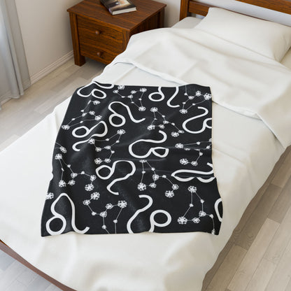 Velveteen Plush Blanket, Leo Zodiac Sign, Constellation & Symbol, Black, 100% polyester