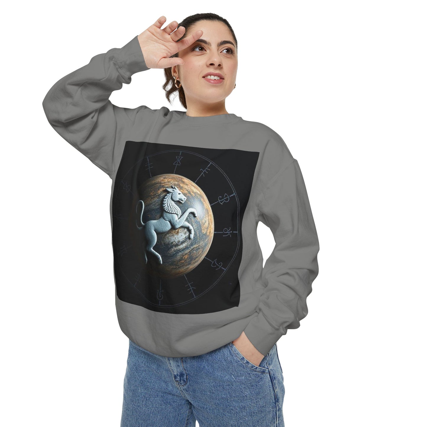 Garment-Dyed Sweatshirt, Unisex, Space Animal Design, Aquarius