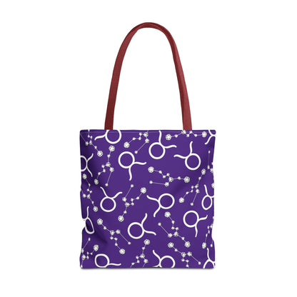 Tote Bag, Taurus Zodiac Sign, AOP, (Purple, White)