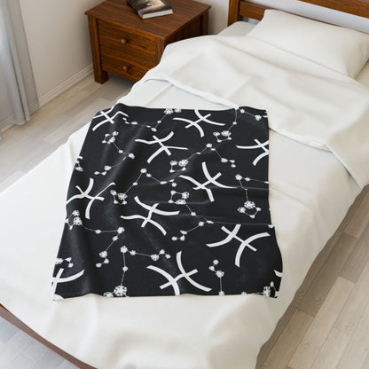 Velveteen Plush Blanket, Pisces Zodiac Sign, Constellation & Symbol, Black, 100% polyester