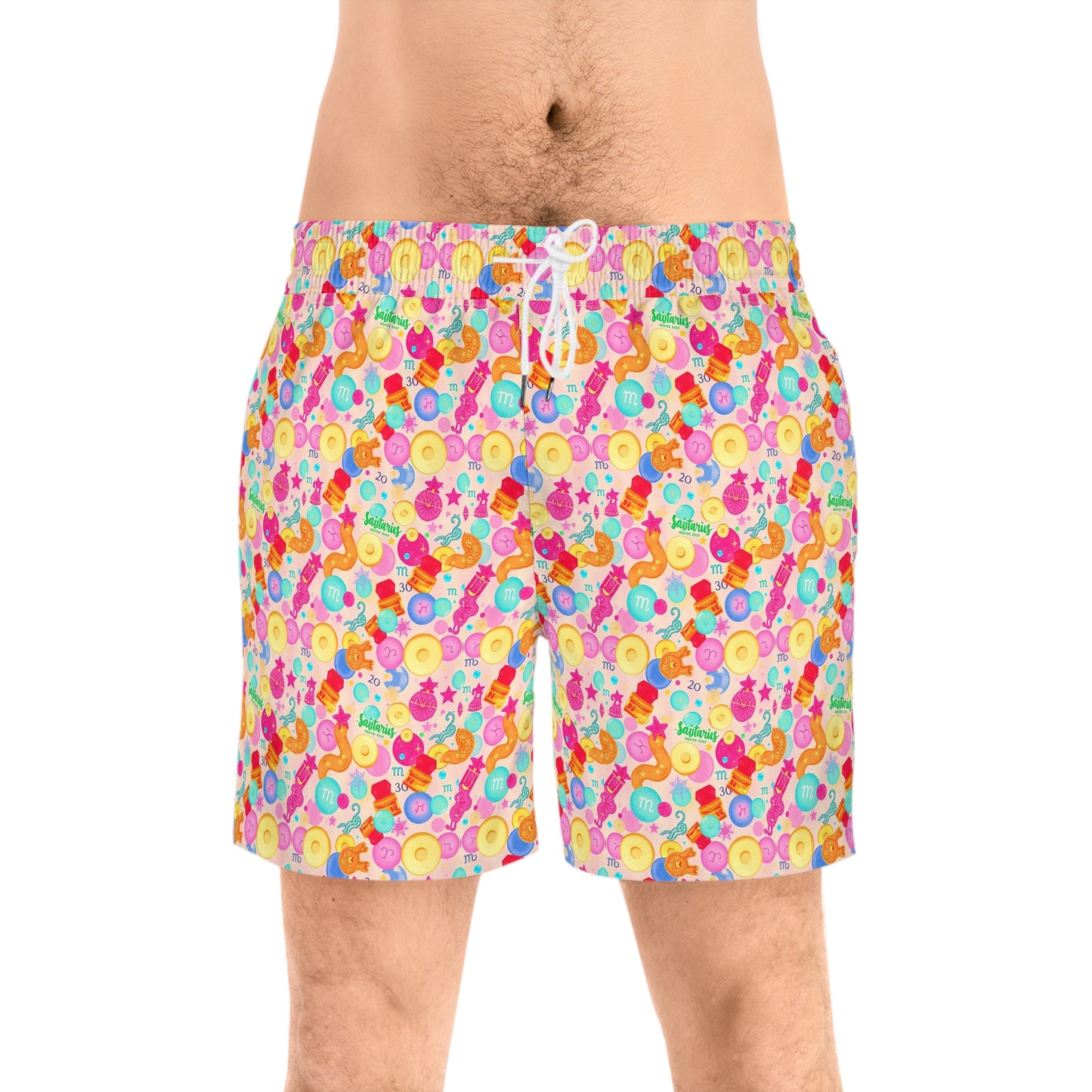 Men's Mid-Length Swim Shorts, (AOP), Sagittarius, Zodiac v1, Bubble Pattern
