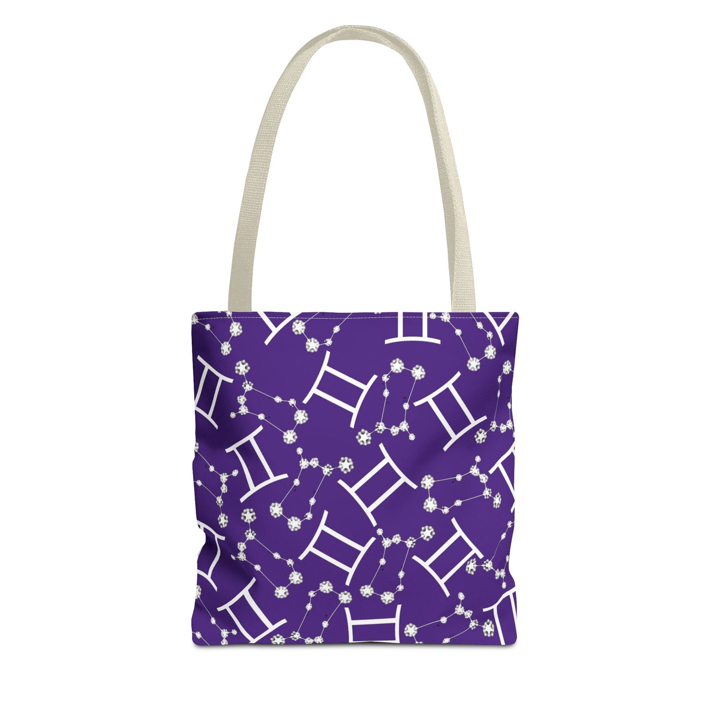 Tote Bag, Gemini Zodiac Sign, AOP, (Purple, White Print)