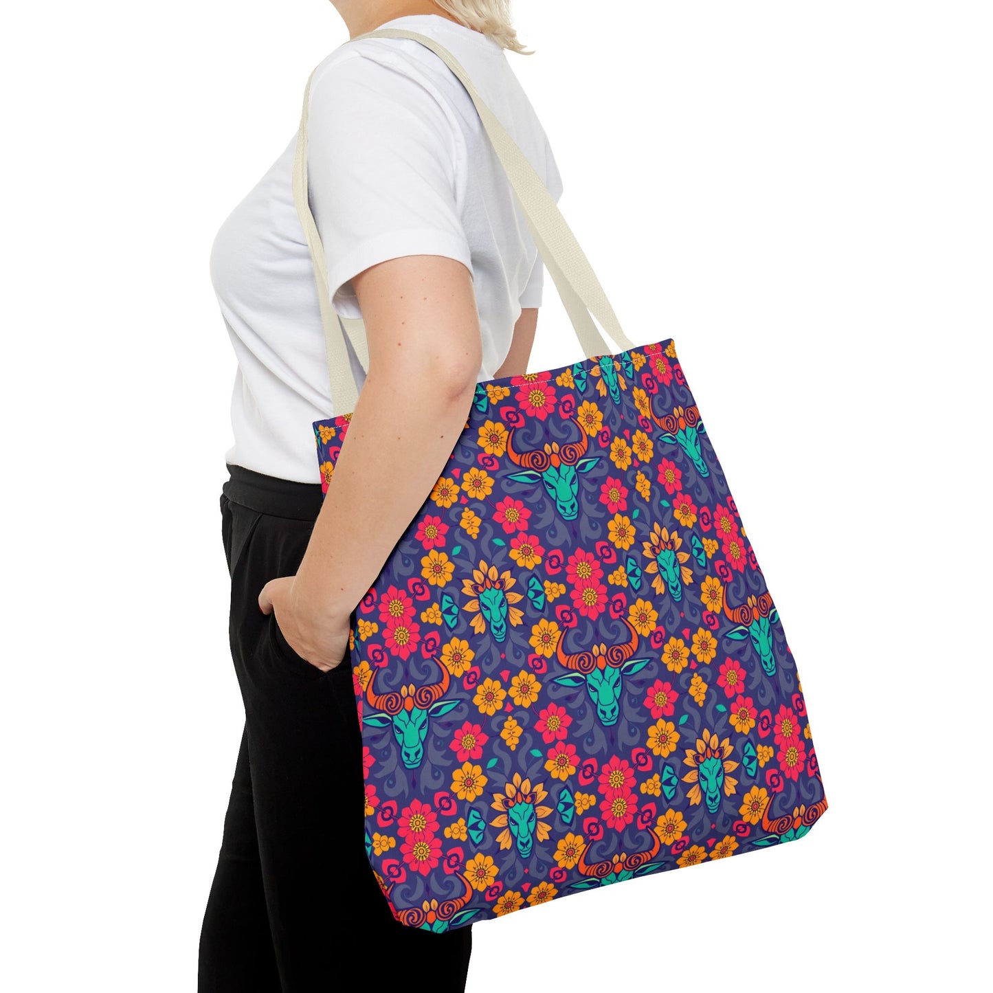 Tote Bag, (AOP), Taurus, Zodiac v1, Flower Pattern