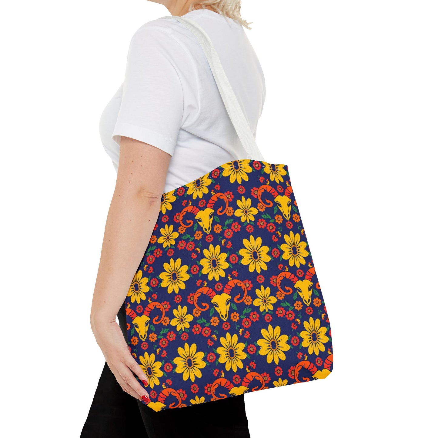 Tote Bag, (AOP), Aries, Zodiac v5, Flower Pattern