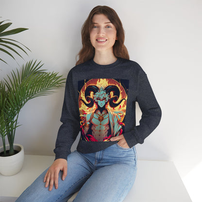 Unisex Heavy Blend™ Crewneck Sweatshirt, Anime Fire Aries, Zodiac Design