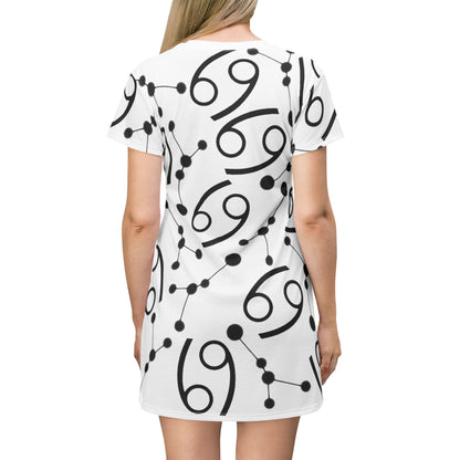 T-Shirt Dress (AOP), 100% Polyester, White thread color, Cancer Zodiac design