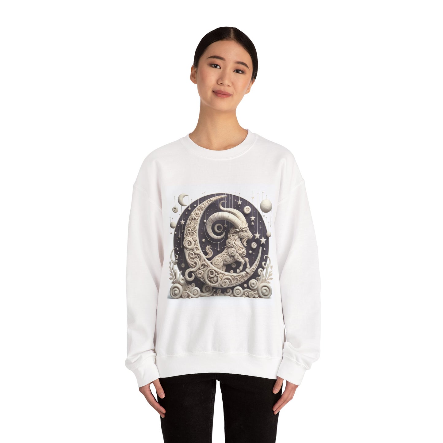 Unisex Heavy Blend™ Crewneck Sweatshirt, Stone Moon, Capricorn Zodiac Design