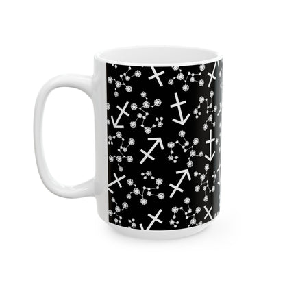 Ceramic Mug, (11oz, 15oz), Ceramic Coffee Mug, Black AOP, Sagittarius Zodiac Design