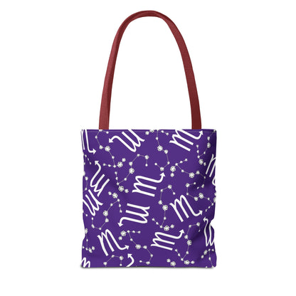 Tote Bag, Scorpio Zodiac Sign, AOP, (Purple, White)