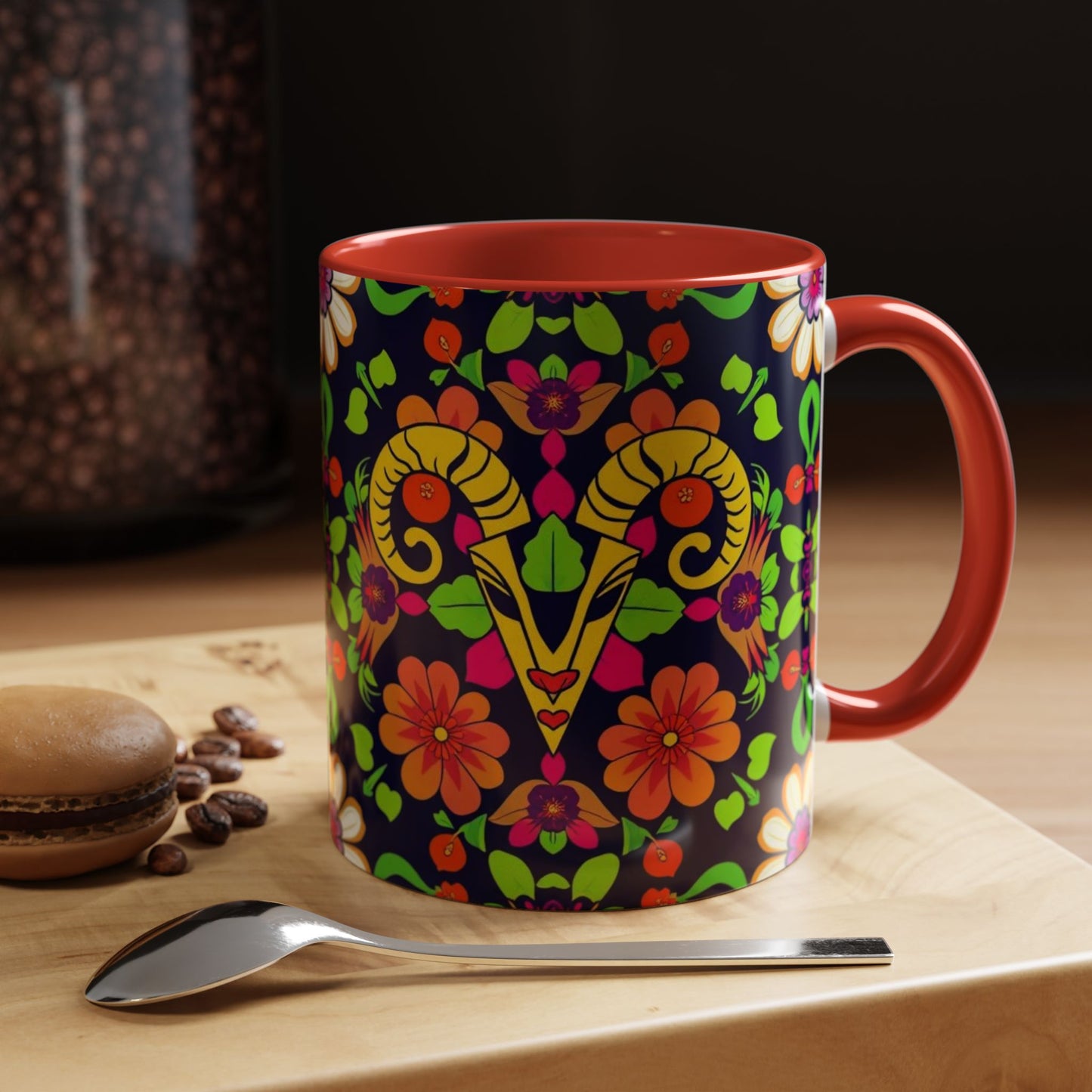 Accent Coffee Mug, Aries, Zodiac v2, Flower Pattern, (11, 15oz)