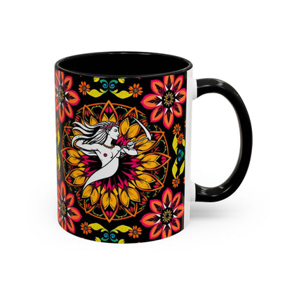 Accent Coffee Mug, Sagittarius, Zodiac v2. Flower Pattern, (11, 15oz)