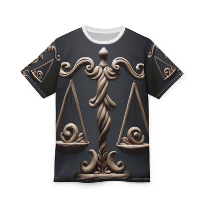 Unisex Cut & Sew T-Shirt (AOP), Bronze Scale, Libra Zodiac Design, Regular fit, 100% Polyester