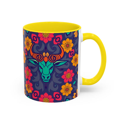 Accent Coffee Mug, Taurus, Zodiac. Flower Pattern, (11, 15oz)