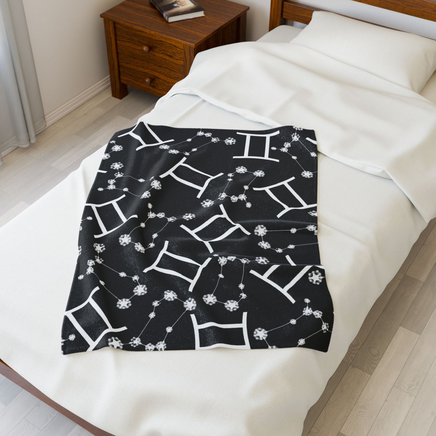 Velveteen Plush Blanket, Gemini Zodiac Sign, Constellation & Symbol, Black, 100% polyester