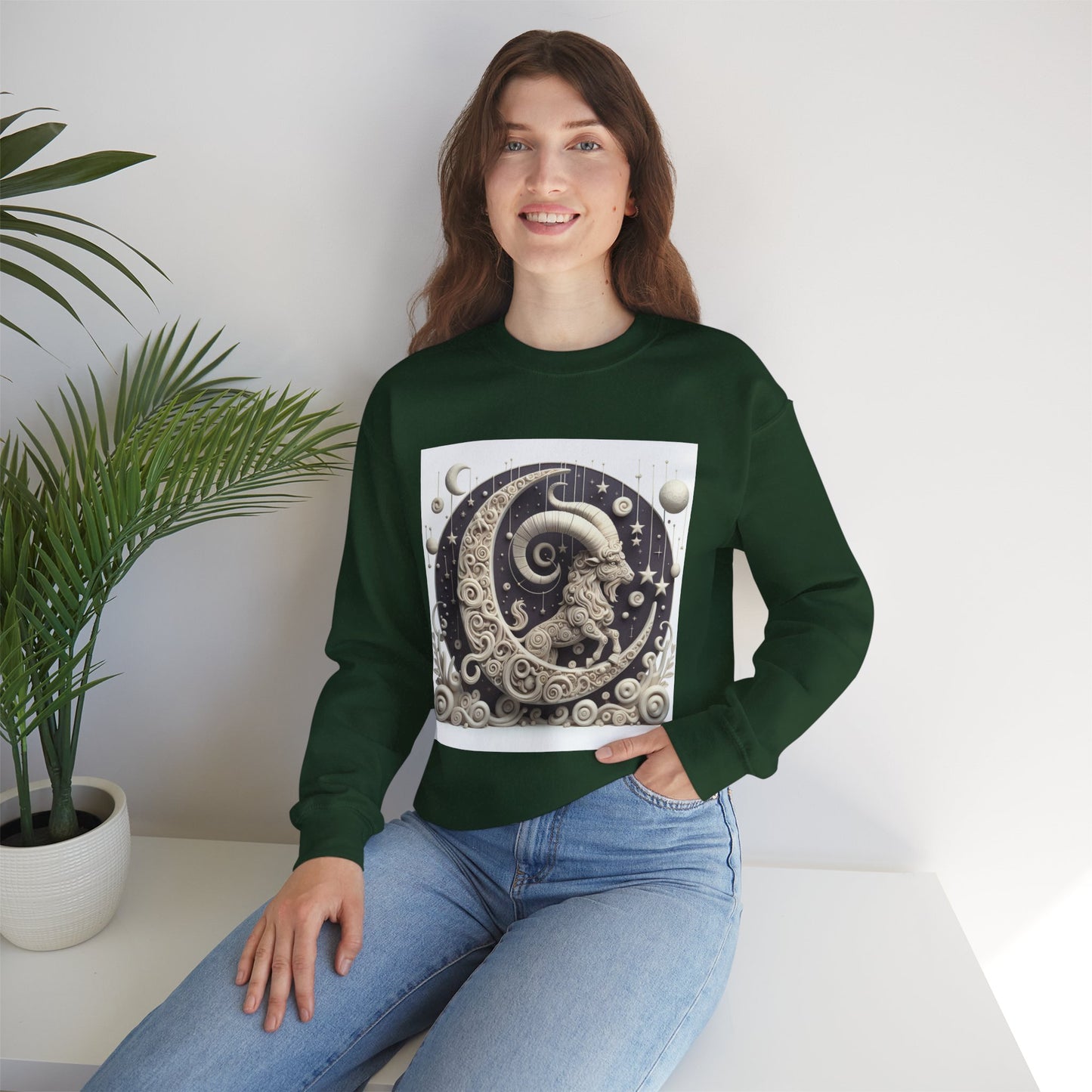Unisex Heavy Blend™ Crewneck Sweatshirt, Stone Moon, Capricorn Zodiac Design