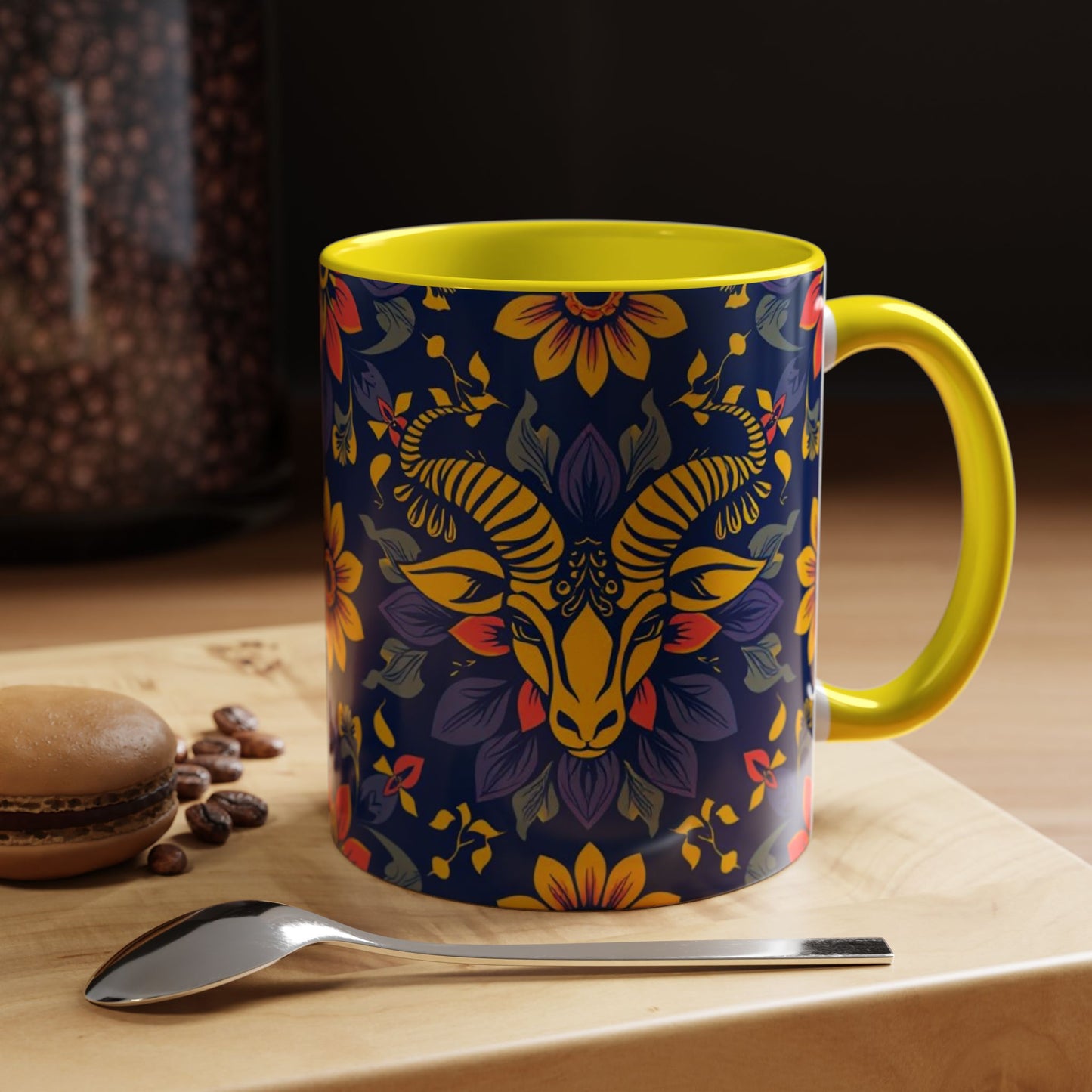 Accent Coffee Mug, Taurus, Zodiac v1. Flower Pattern, (11, 15oz)