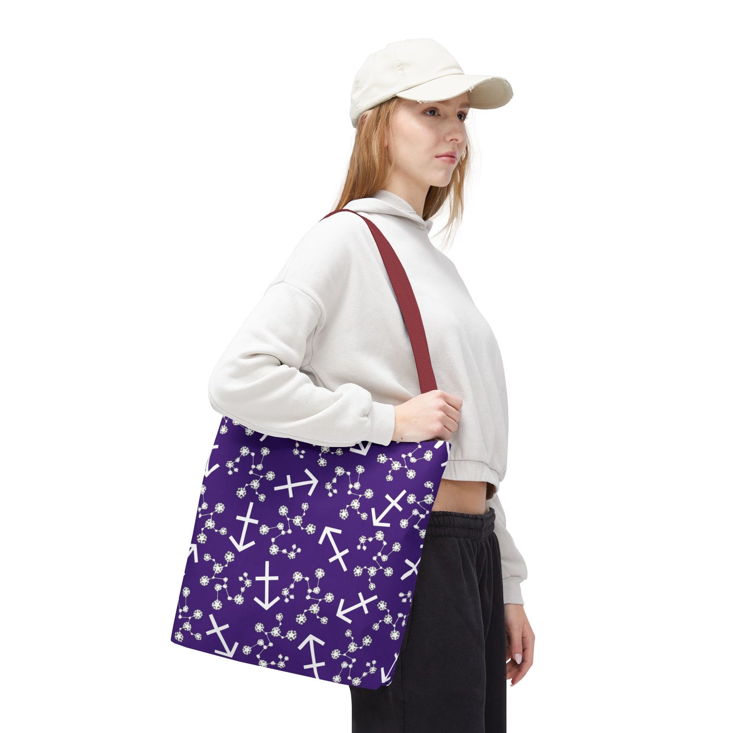 Tote Bag, Sagittarius Zodiac Sign, AOP, (Purple, White Print)