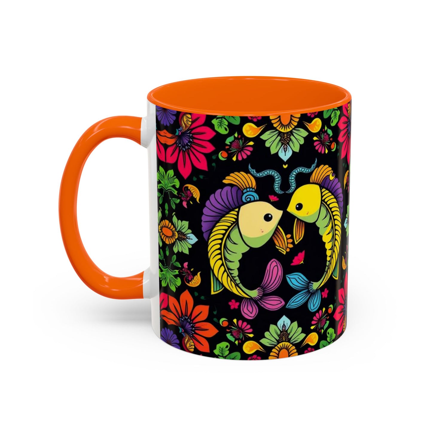 Accent Coffee Mug, Pisces, Zodiac v3, Flower Pattern, (11, 15oz)
