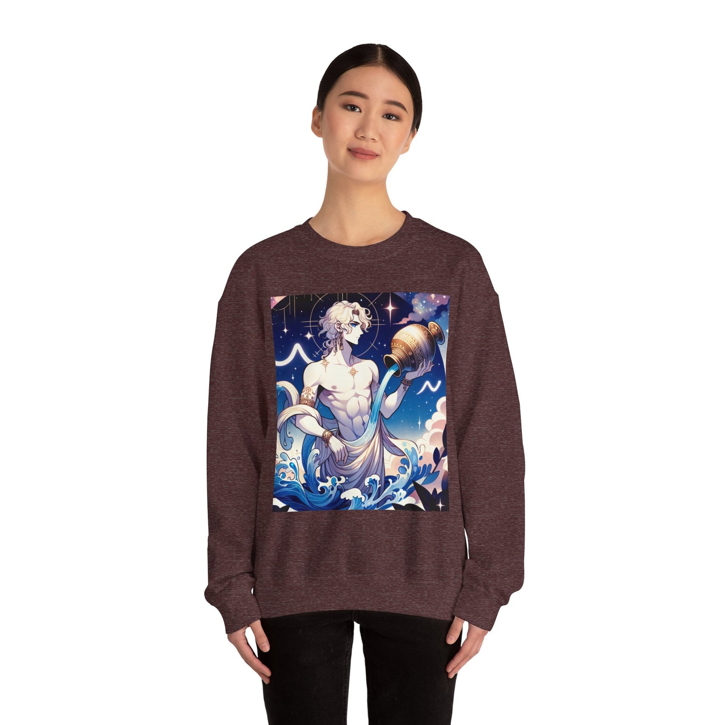 Unisex Heavy Blend™ Crewneck Sweatshirt, Anime Aqua God, Aquarius Zodiac Design