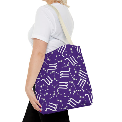 Tote Bag, Scorpio Zodiac Sign, AOP, (Purple, White)
