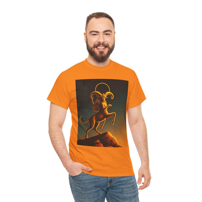 Unisex Heavy Cotton T-Shirt, Mountain Top, Aries Zodiac Design