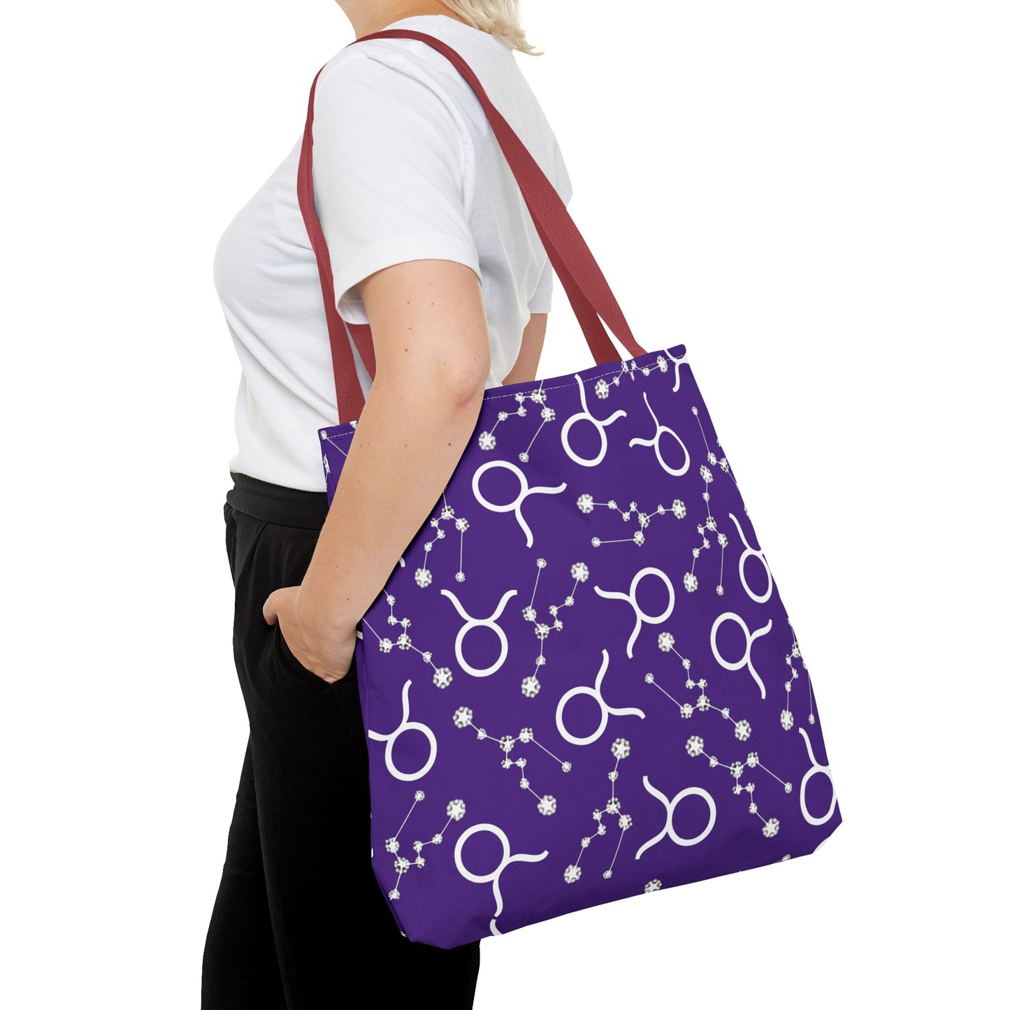Tote Bag, Taurus Zodiac Sign, AOP, (Purple, White)