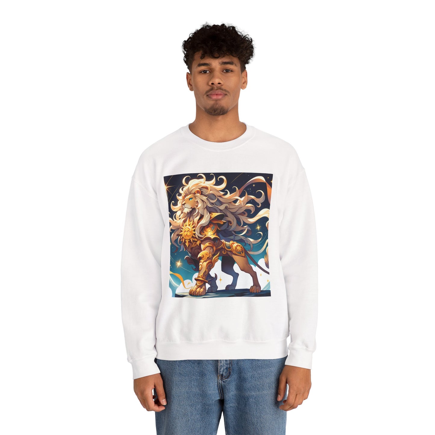 Unisex Heavy Blend™ Crewneck Sweatshirt,Cool Lion with White Hair, Leo Zodiac Design