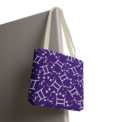 Tote Bag, Gemini Zodiac Sign, AOP, (Purple, White Print)