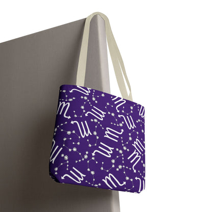 Tote Bag, Scorpio Zodiac Sign, AOP, (Purple, White)