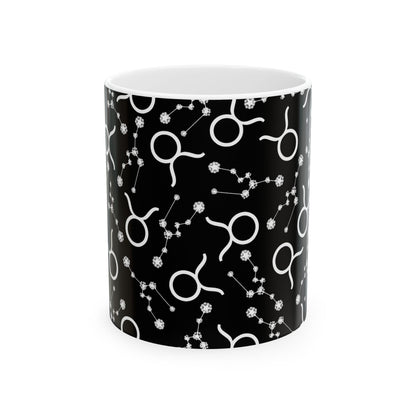 Ceramic Mug, (11oz, 15oz), Ceramic Coffee Mug, Black AOP, Taurus Zodiac Design