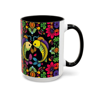 Accent Coffee Mug, Pisces, Zodiac v3, Flower Pattern, (11, 15oz)