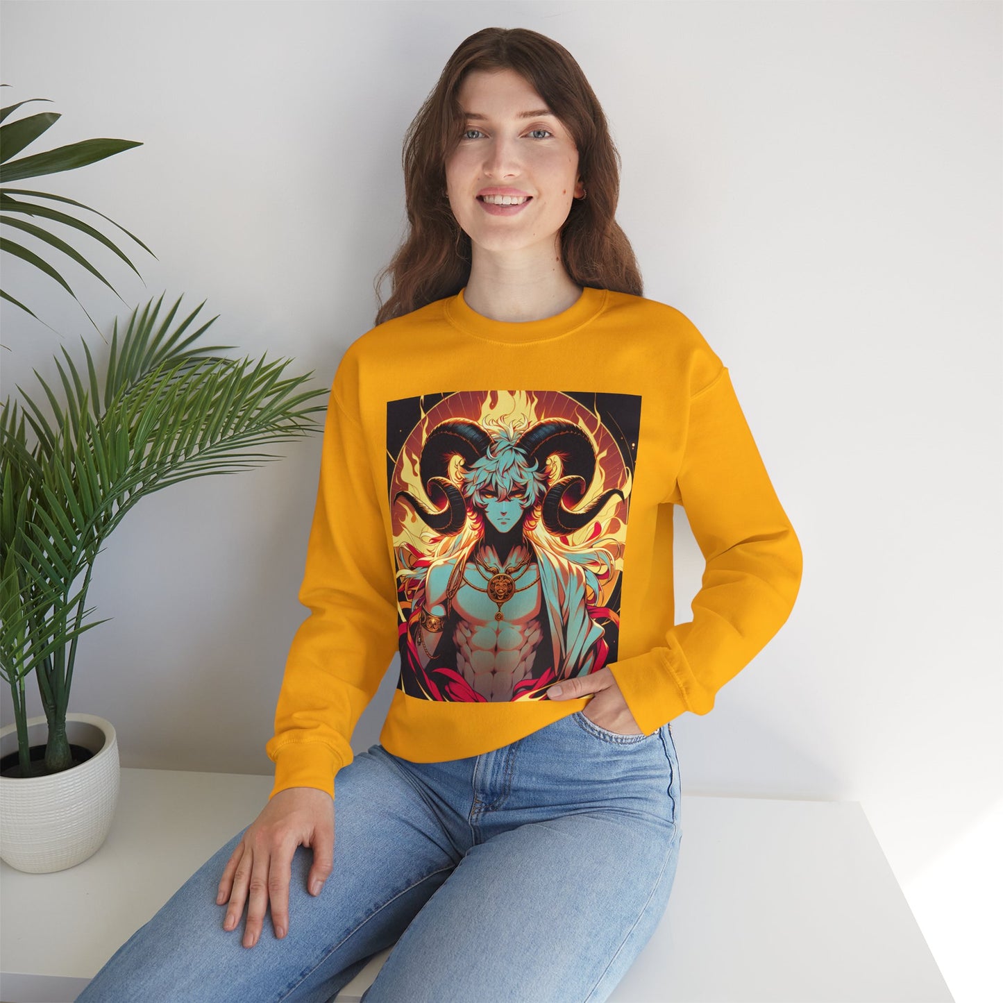 Unisex Heavy Blend™ Crewneck Sweatshirt, Anime Fire Aries, Zodiac Design