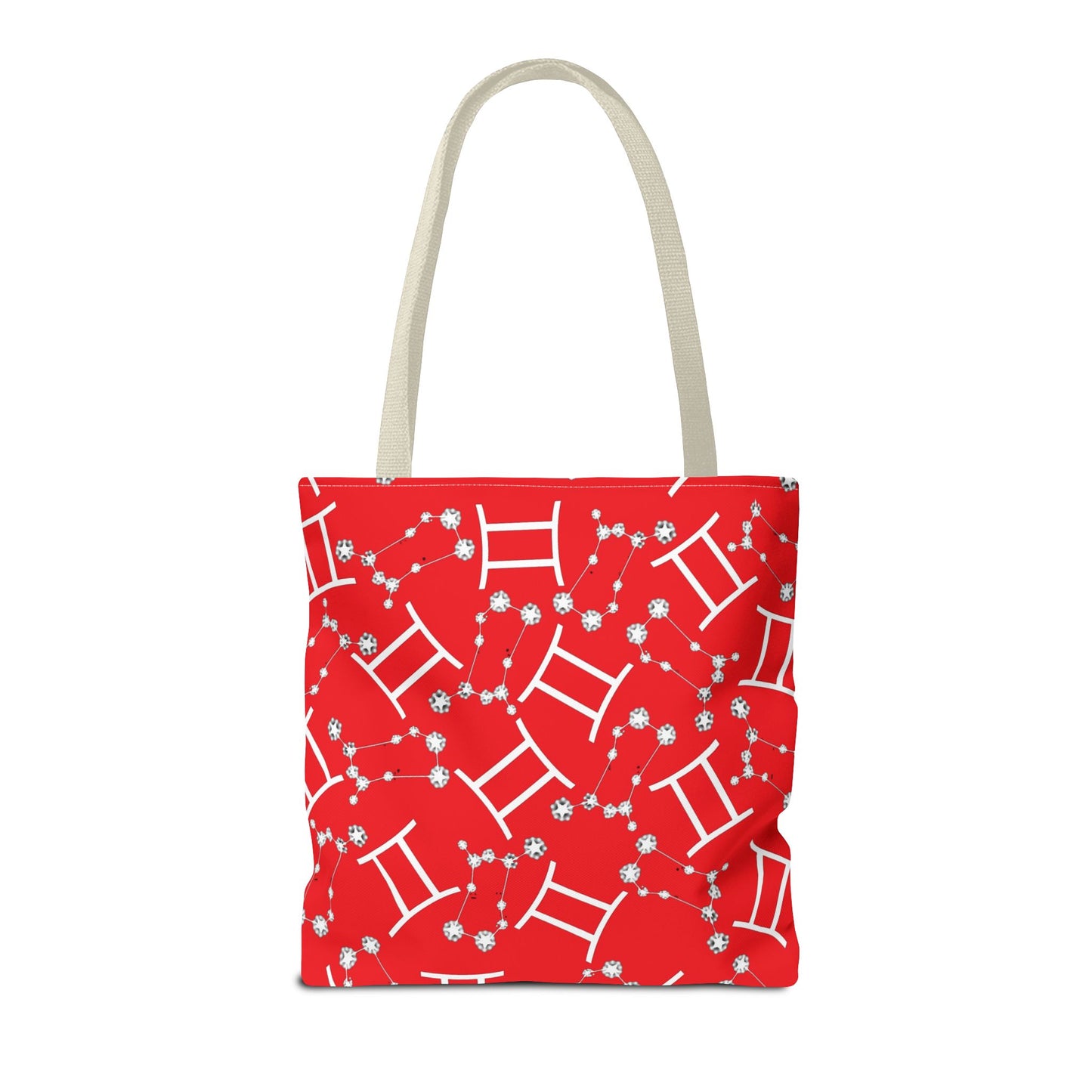 Tote Bag, Gemini Zodiac Sign, AOP, (Red, White Print)