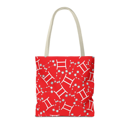 Tote Bag, Gemini Zodiac Sign, AOP, (Red, White Print)