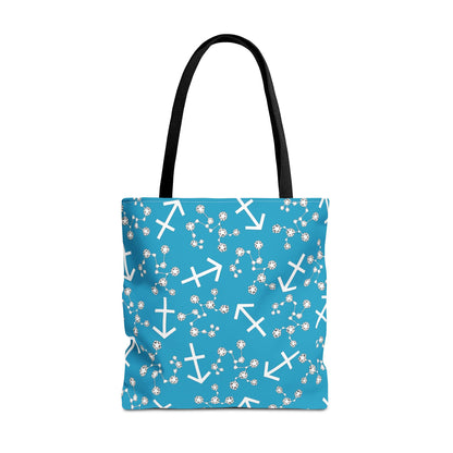 Tote Bag, Sagittarius Zodiac Sign, AOP, (Turquoise, White Print)