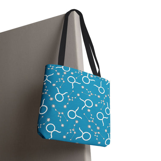 Tote Bag, Taurus Zodiac Sign, AOP, (Turquoise, White)