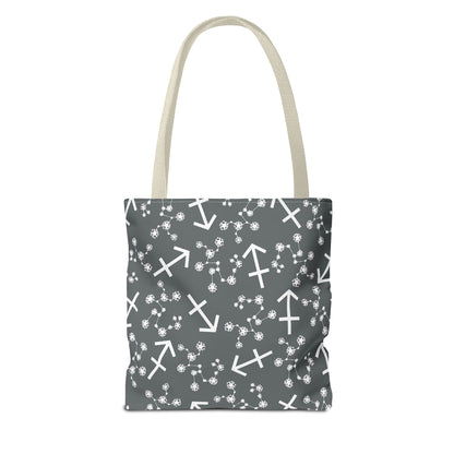 Tote Bag, Sagittarius Zodiac Sign, AOP, (Grey, White Print)